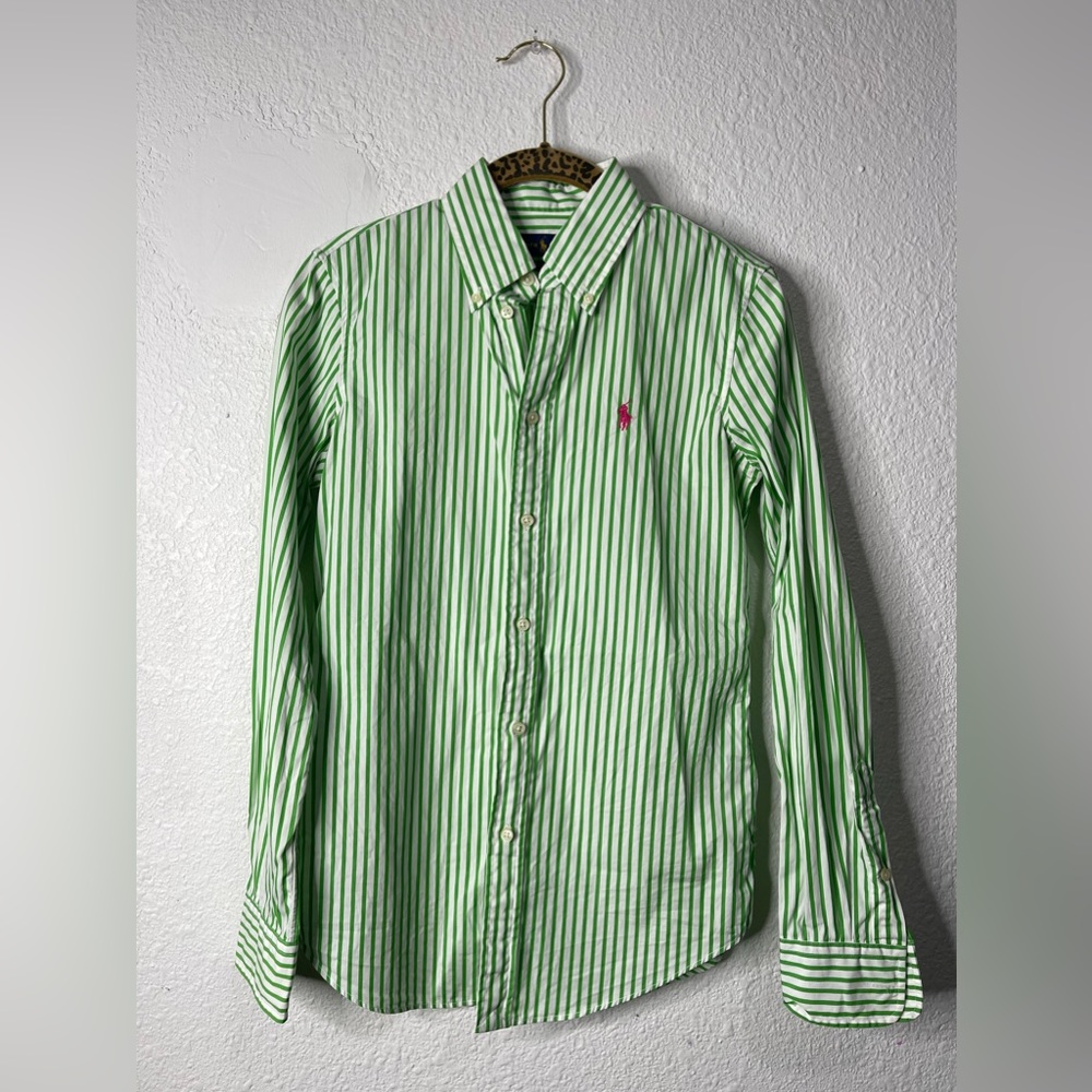 RALPH LAUREN Green White Striped Custom Fit Button Down Shirt Size 2